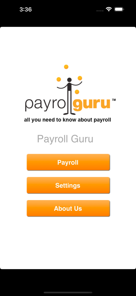 Menu principal do aplicativo Payrollguru mostrando botões para Configurações de Folha de Pagamento e Sobre Nós