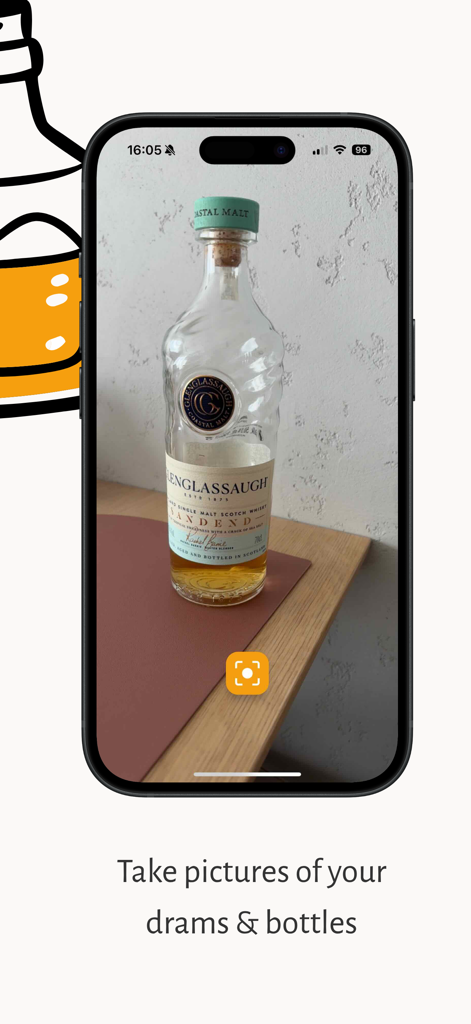 Whiskatch: Whisky Journal - A smartphone using the Whiskatch app camera to capture a photo of a Glenglassaugh whisky bottle
