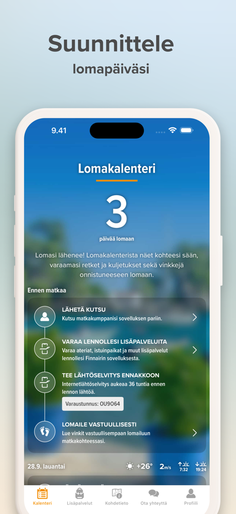Aurinkomatkat - Aurinkomatkat mobile app interface showing a holiday calendar with a three day trip countdown and travel preparation options.