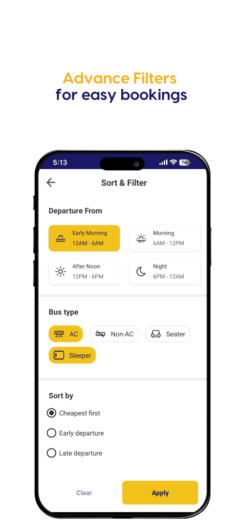 Chartered Bus - Mobile app screen showing advanced filters for bus departure time and bus type