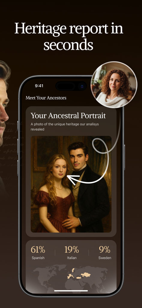 My Heritage & Ancestry: EDNA - EDNAアプリの家系レポート。スペイン、イタリア、スウェーデンの起源の家系肖像画とDNAパーセンテージが表示されています。