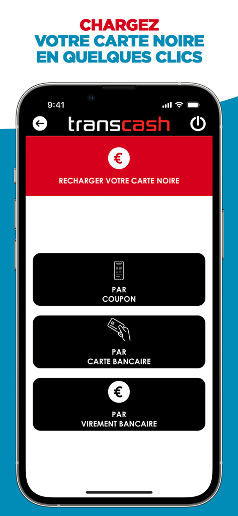 Pantalla de la app Transcash mostrando opciones para recargar una tarjeta prepagada negra mediante cupón, tarjeta bancaria o transferencia bancaria