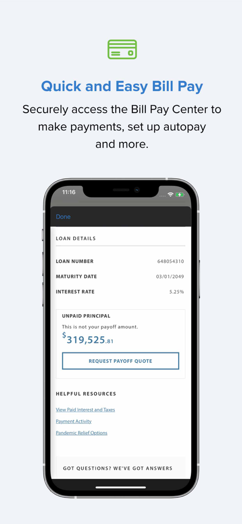 MyVeteransUnited app interface showing mortgage bill pay center and loan details like interest rate and unpaid principal