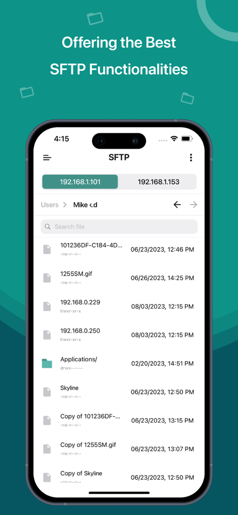 SSH, SFTP Client, iSH, Putty - A mobile app interface displaying a list of files and folders on a remote server via SFTP protocol.