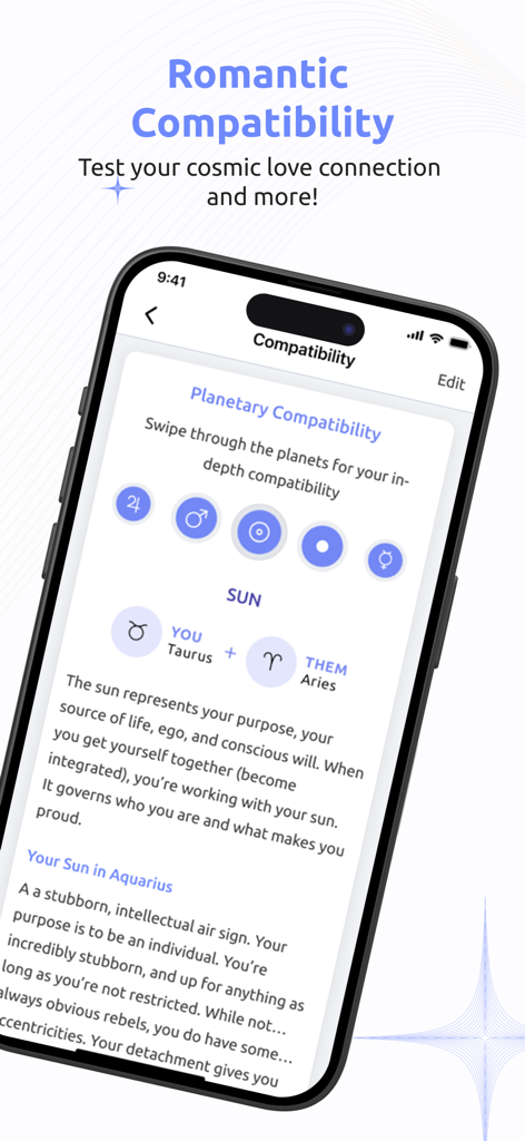 Astrology Plus - Uma tela de smartphone mostrando o recurso de análise de compatibilidade romântica e planetária entre dois signos do zodíaco no aplicativo Astrology Plus.
