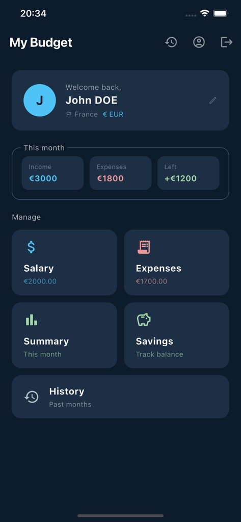 My Budget & Savings Tracker - Vista del panel principal de la aplicación Mi Presupuesto que muestra los ingresos, gastos mensuales y el saldo