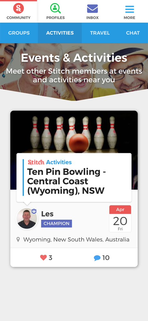 The Stitch app interface displaying a Ten Pin Bowling event in the Activities section.