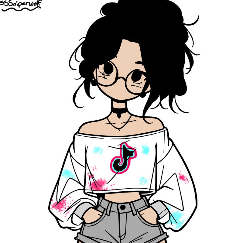 girl with a messy ponytail glasses a baggy crop top and jean shorts