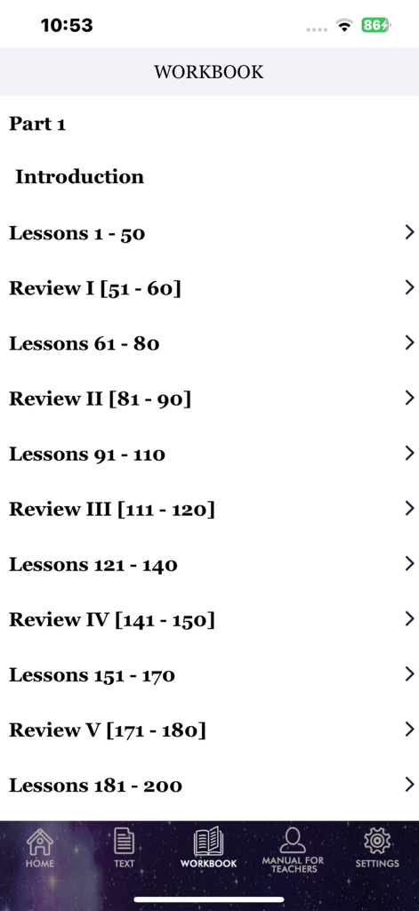 ACIM Original Edition - Tela do Livro de Exercícios do aplicativo Edição Original ACIM mostrando uma lista de lições e seções de revisão.