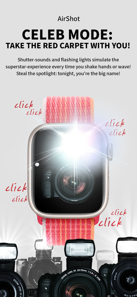 AirBasketball - AuditoryAR - Apple Watch mostrando el modo Celeb de AirShot con un lente de cámara y efectos de flash brillante simulando paparazzi.