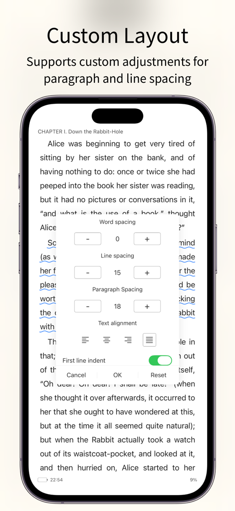 PureLibro: ebook reader - PureLibro E-Book-Reader-App, die benutzerdefinierte Layout-Einstellungen für Wortabstand, Zeilenabstand und Textausrichtung zeigt