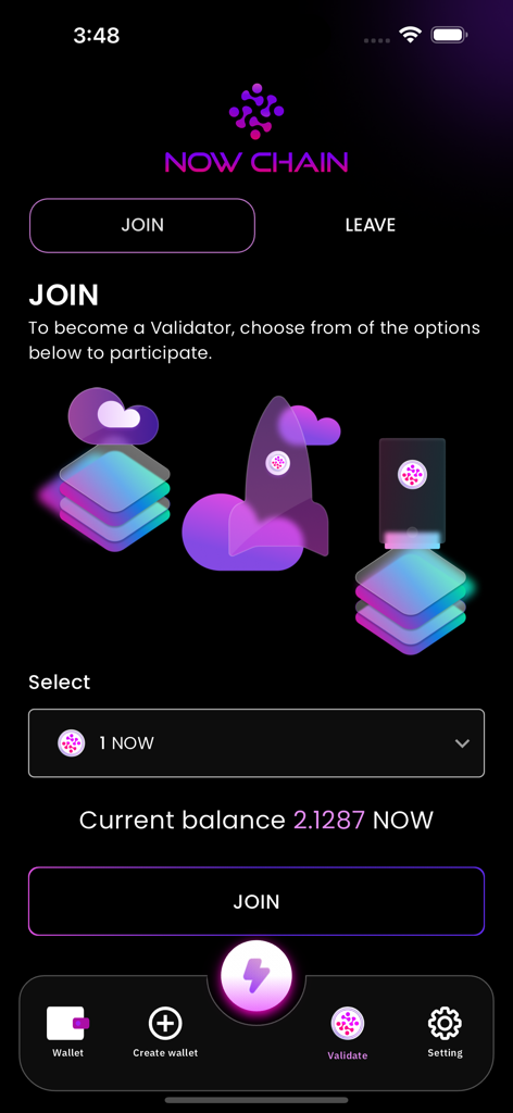 mobiNODE - A tela de junção do aplicativo MobiNODE para se tornar um validador NOW Chain mostrando o saldo e as opções de junção