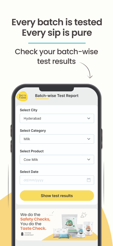 Sid’s Farm - Pure Tested Milk - A mobile interface for the Sid's Farm app showing a batch-wise test report search screen for dairy products.