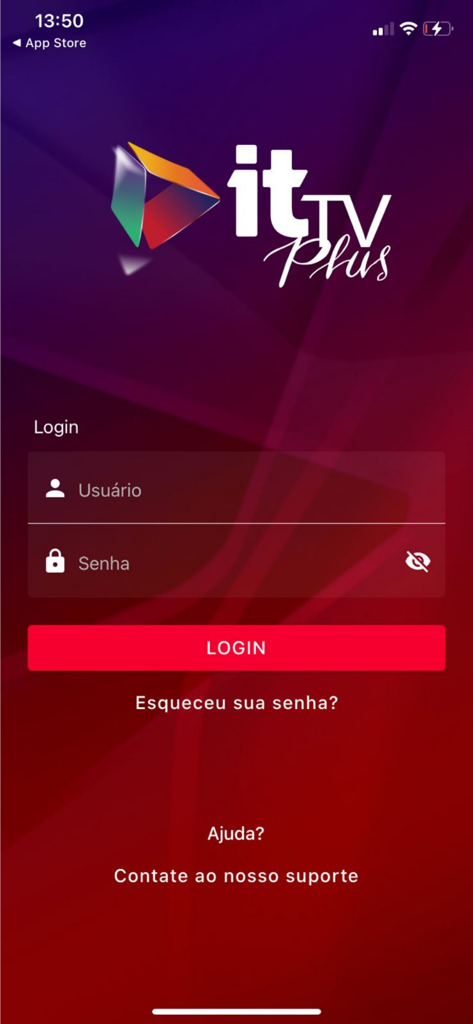 ITTV Plus - Tela de login do aplicativo ITTV Plus com campos de nome de usuário e senha em português