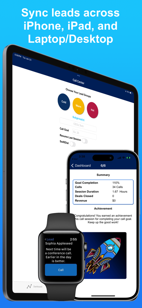 SwiftCall: Auto Dialer & CRM - SwiftCall CRM app interface displayed on an iPad, iPhone, and Apple Watch showing lead synchronization and sales analytics