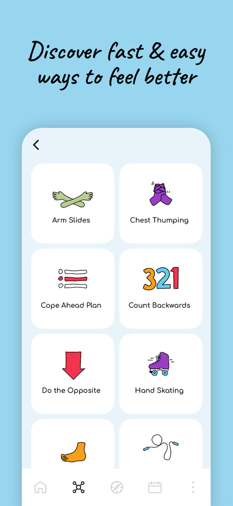 The Mood Tools - Pantalla de la aplicación The Mood Tools que muestra un menú de habilidades de afrontamiento rápido y ejercicios de alivio del estrés para adolescentes