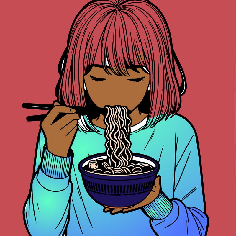 a girl realistic eating ramen noodles