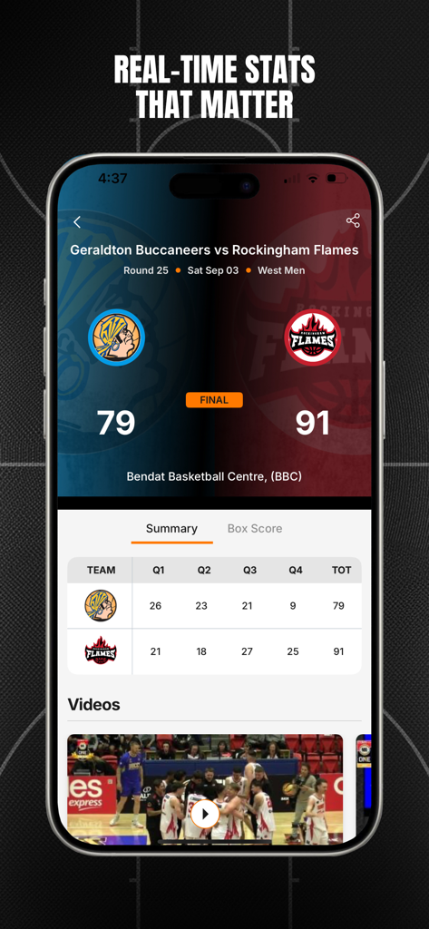 NBL1 - NBL1 app interface displaying real-time basketball game stats and final scores