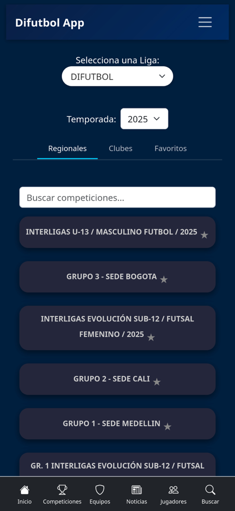 Difutbol App - Difutbol App interface showing the list of regional Colombian soccer competitions and youth leagues for the 2025 season