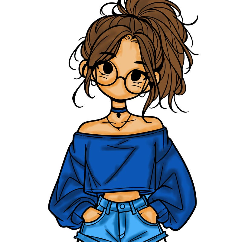 girl with a messy ponytail glasses a baggy crop top and jean shorts