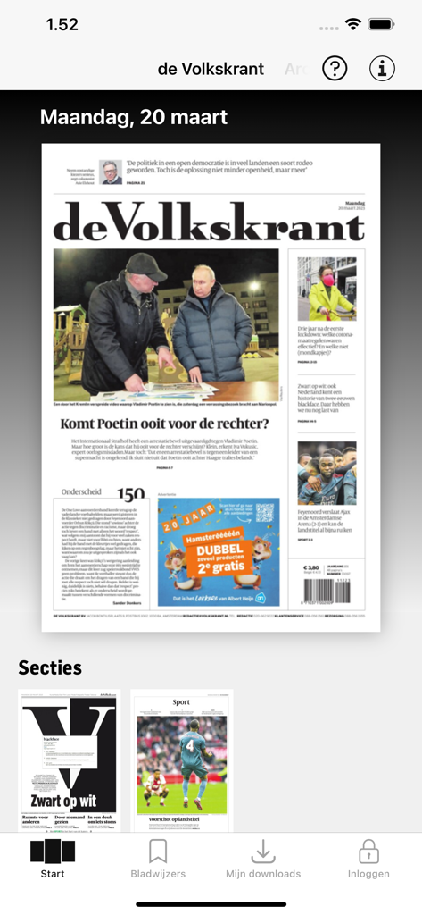 Écran principal de l'application de Volkskrant Krant affichant le journal numérique quotidien et le menu de navigation.