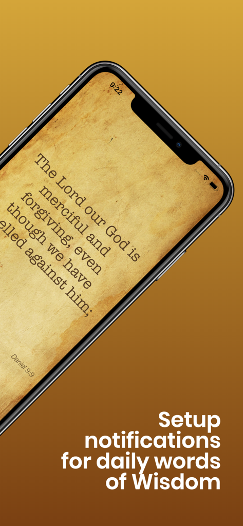 A smartphone displaying a Bible verse on parchment paper with a text overlay about daily notifications.