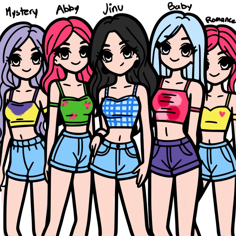 a group of girls wearing crop tops and shorts