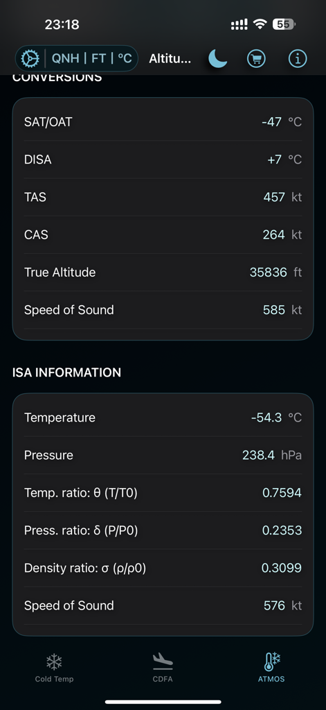 ColdTempCorr - ATMOS module of the ColdTempCorr app displaying atmospheric conversions and ISA information for pilots