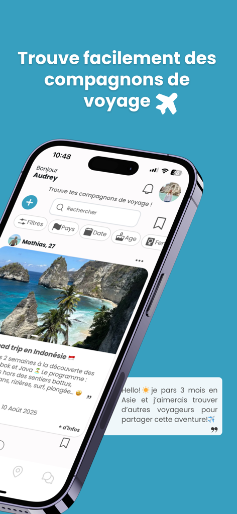 Go Frenchies - Mobile Ansicht der Go Frenchies App, die das Profil eines Reisebegleiters für einen Roadtrip in Indonesien zeigt