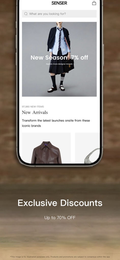SENSER-Shop Luxury Fashion - Smartphone screen displaying the SENSER luxury fashion app with new arrivals and exclusive discount offers.