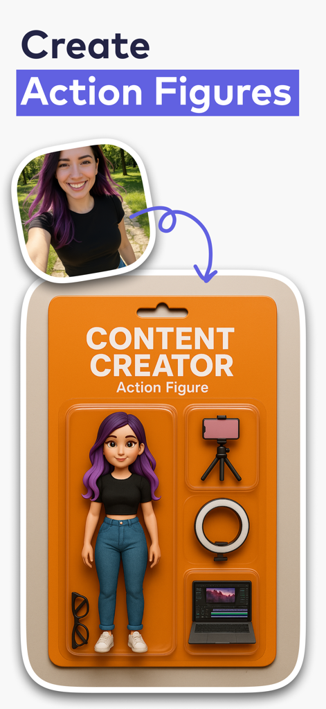 A mobile app interface showing a personalized content creator action figure generated from a photo