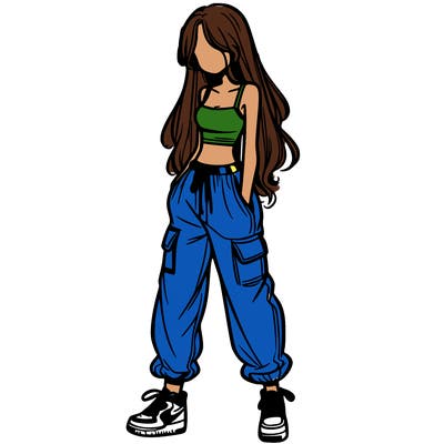 girl in baggy pants crop top and long hair
