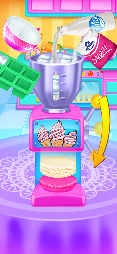 Ice Cream Sandwich Shop - Mixing milk and sugar in a pink machine to create a macaroon ice cream sandwich