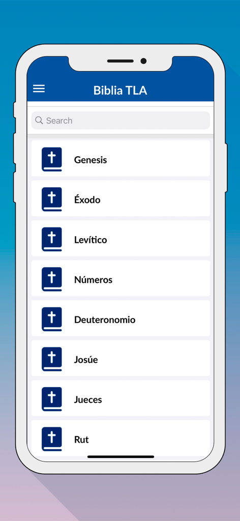 Interface of the Santa Biblia TLA app showing a list of Bible books including Genesis and Exodus in Spanish