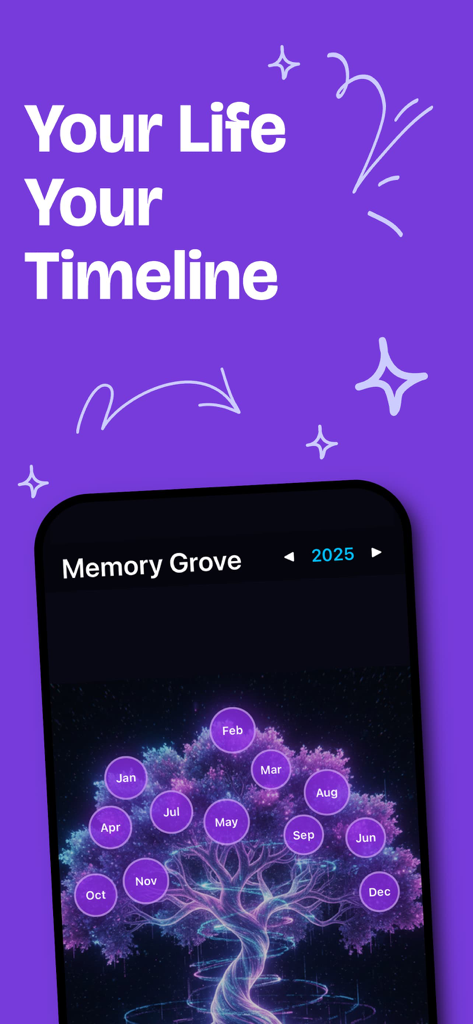 Memories Cleaner：Memory Grove - Memory Grove 앱 인터페이스가 2025년 타임라인을 위한 디지털 추억 나무를 표시하고 있습니다.