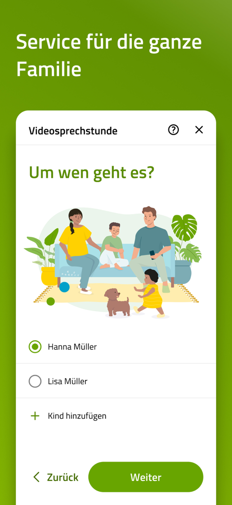 Interface of the BARMER Teledoktor app showing a family member selection screen for medical video consultations