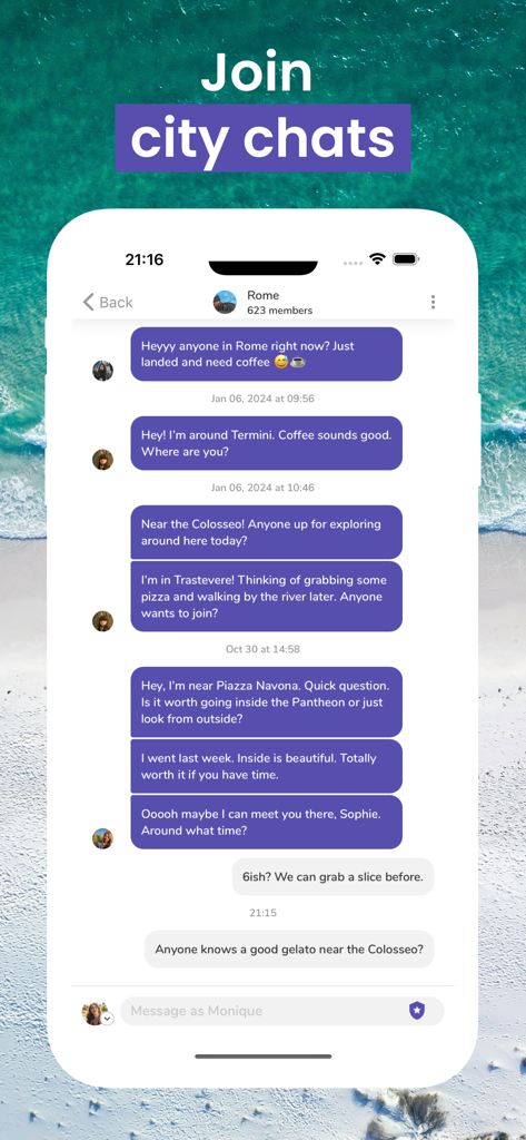 A mobile app interface displaying a group chat for women traveling in Rome.