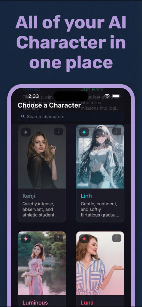 Interface of the Crushly AI app showing various AI characters to choose for chatting, including Kenji and Linh.