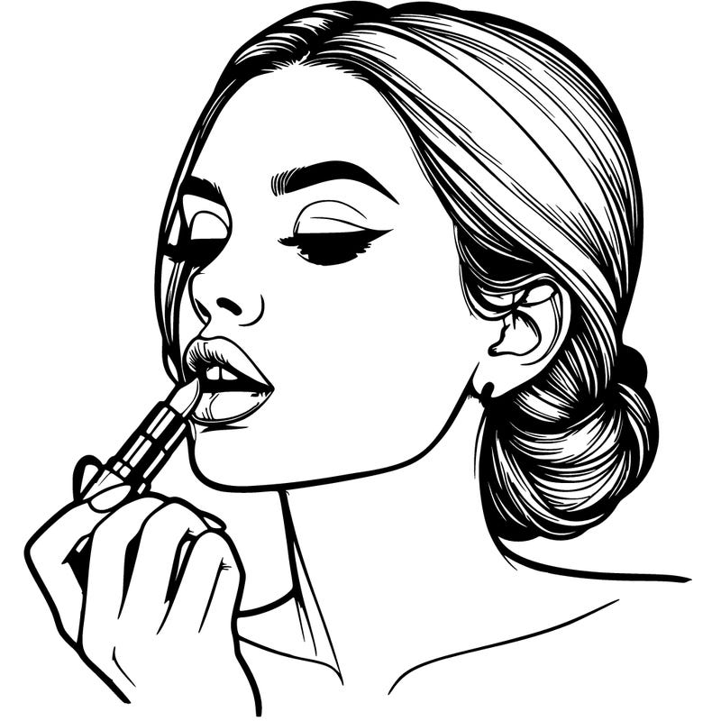 realistic woman putting on lipstick