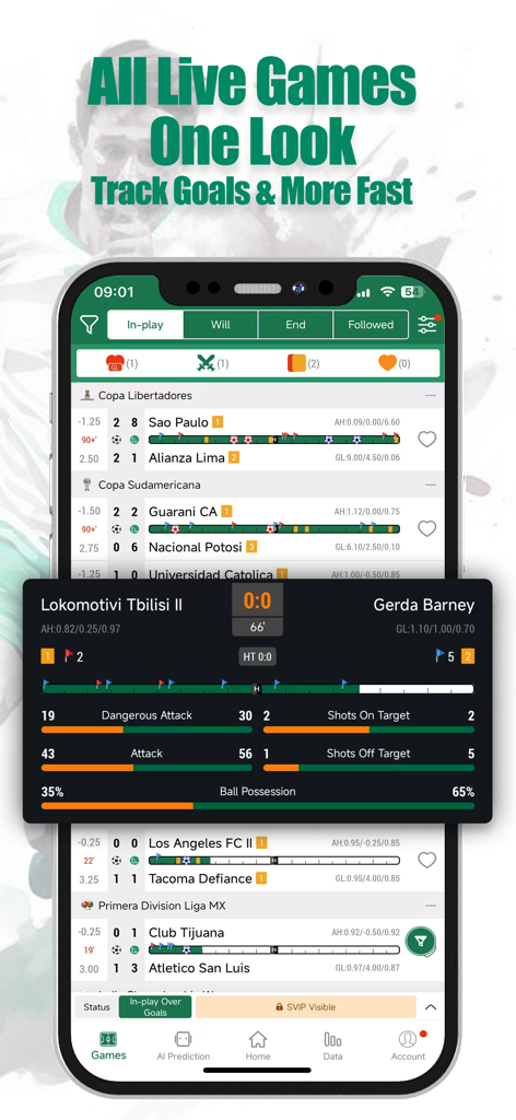 FootballAnt: Live Scores & Tip - Aplicación móvil FootballAnt que muestra la interfaz de marcadores de fútbol en vivo y estadísticas de partidos