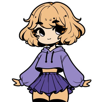 cute femboy with short, fluffy hair that softly frames their face, wearing a cropped hoodie, paired with a flouncy short skirt, and thigh-high stockings