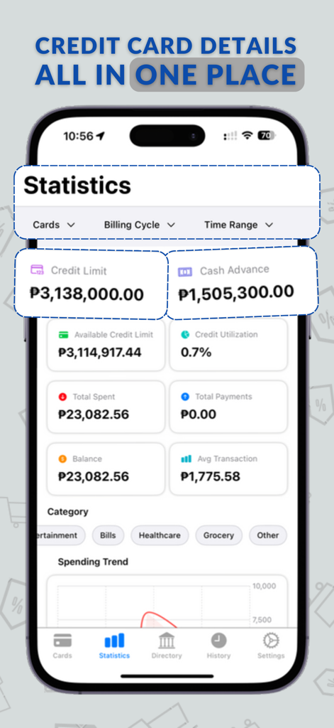 Statistics dashboard of the KasKas Savvy app showing credit limits and spending trends