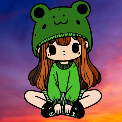 a girl wearing a frog hat and some frog socks