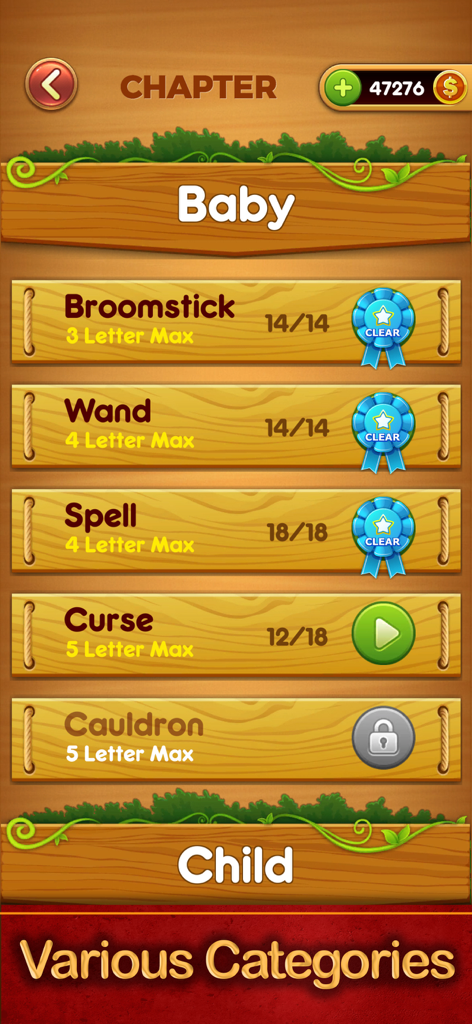 Una pantalla de selección de capítulos en la aplicación Word Connect que muestra varias categorías de rompecabezas de palabras y el progreso del nivel sobre un fondo de madera.