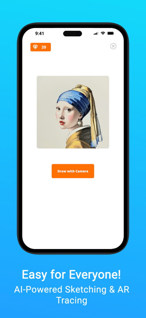 EasyDrawing AR: Sketch & Trace - Interface de l'application EasyDrawing AR montrant une peinture classique et un bouton pour dessiner avec l'appareil photo pour la génération de croquis par IA et le tracé en RA