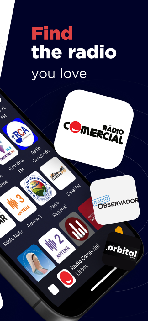 Smartphone mostrando una lista de emisoras de radio portuguesas como Radio Comercial y Antena 1