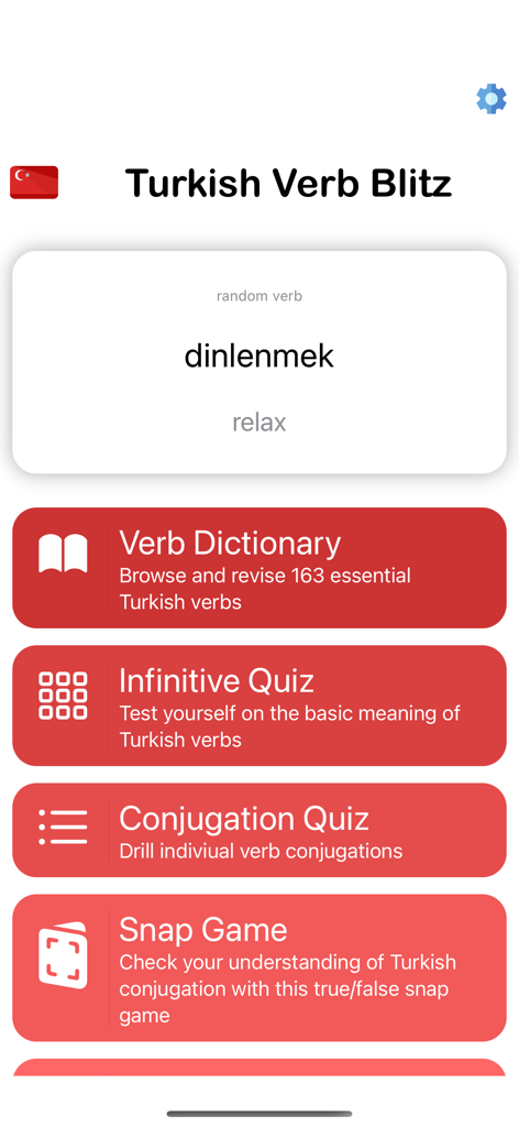 Menú principal de la aplicación Dominio de Verbos Turcos que muestra opciones de diccionario y cuestionarios.