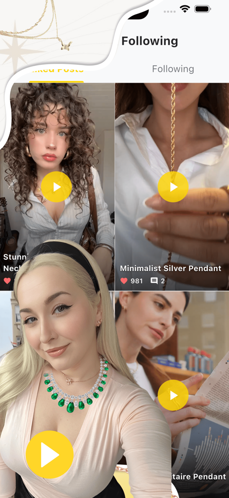 NeKo - Flow & Video - Interfaz de la aplicación NeKo mostrando un feed de seguimiento de vídeos de moda y estilo de collares