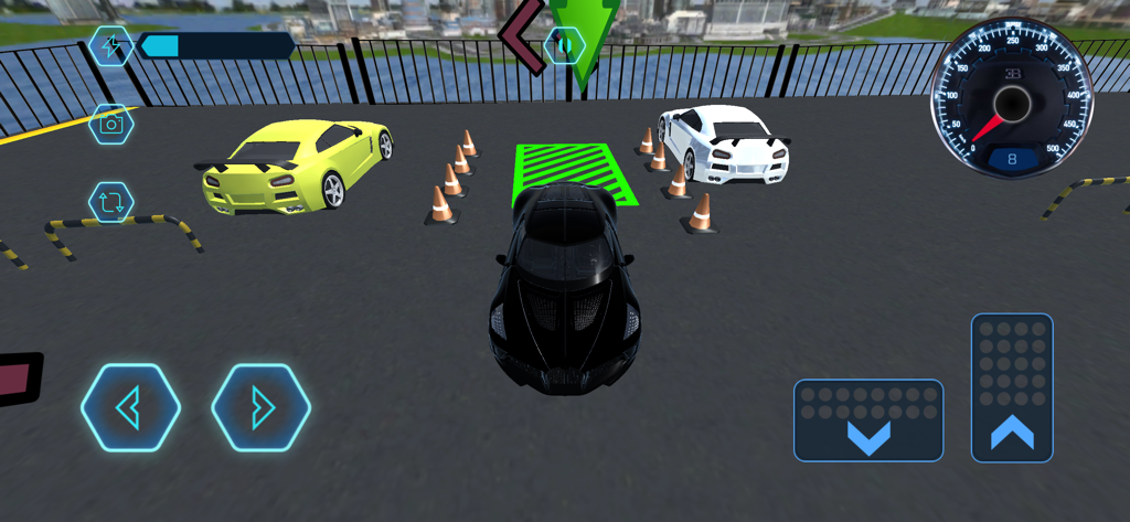 Bugatti Parking - Un'auto sportiva Bugatti nera che si infila in uno spazio di parcheggio designato tra i coni stradali in un gioco di simulazione 3D