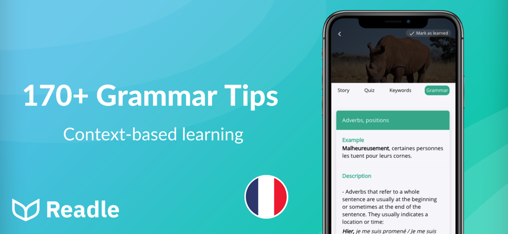 Readle app interface showing a French grammar lesson on adverb positions with a contextual example sentence.